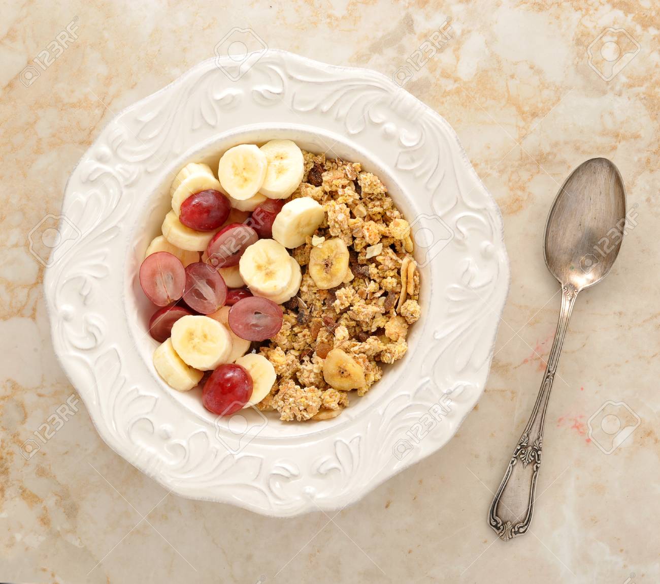 Muesli With Banana Grapes And Milk Healthy Breakfast Top View Stock Photo Picture And Royalty Free Image Image 58303991