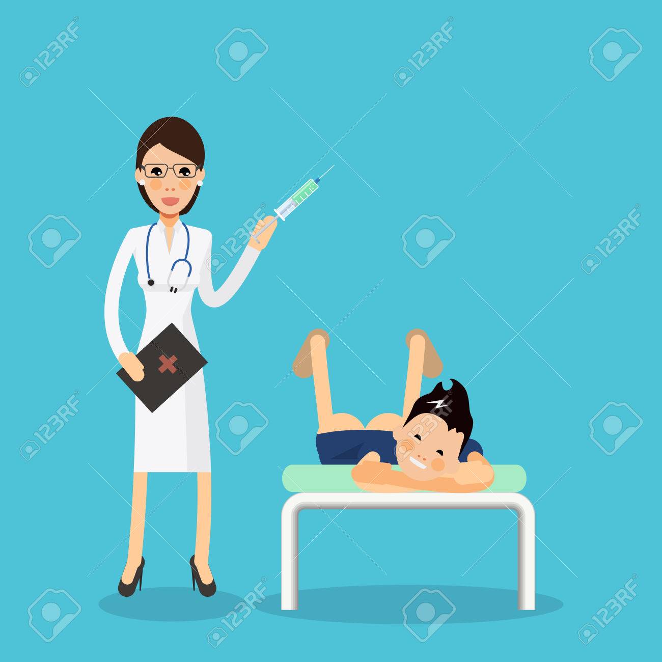薬と注射器とセクシーな女医は ショットをベッドで横たわっている少年になります 水色の背景の男の子のズボンのお尻を撃墜します フラット スタイルのベクトル文字図のイラスト素材 ベクタ Image