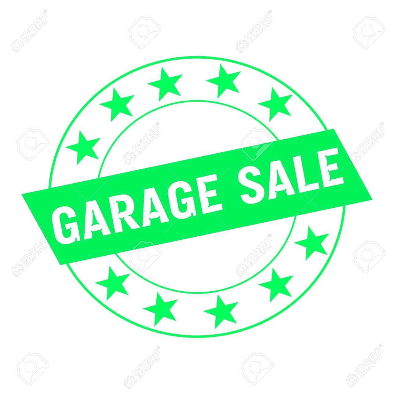 garage sale white wording on green rectangle and circle green garage sale wording
