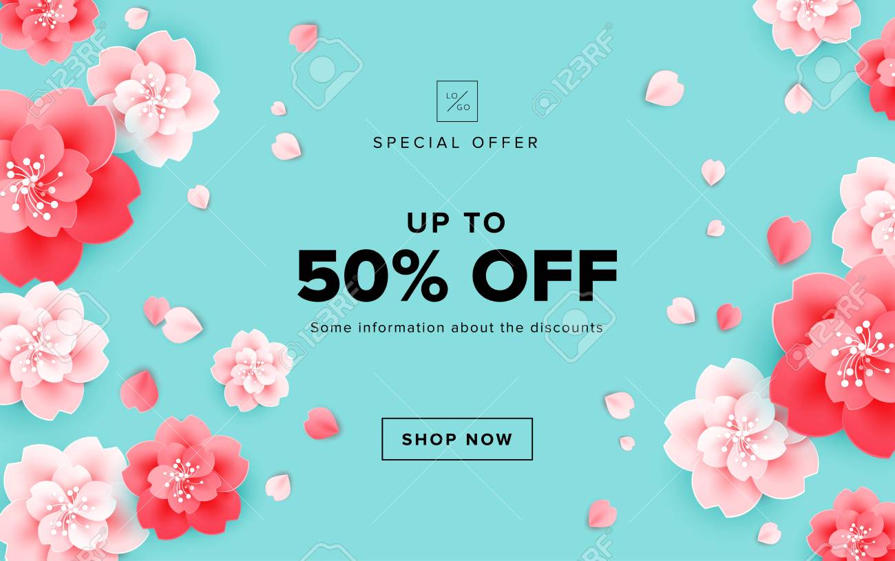 美しい花を持つ春のセールデザイン 緑の背景に桜 バナー ポスター ウェブサイトのイラスト 電子メールヘッダーテンプレートのためのベクトルのイラスト素材 ベクタ Image