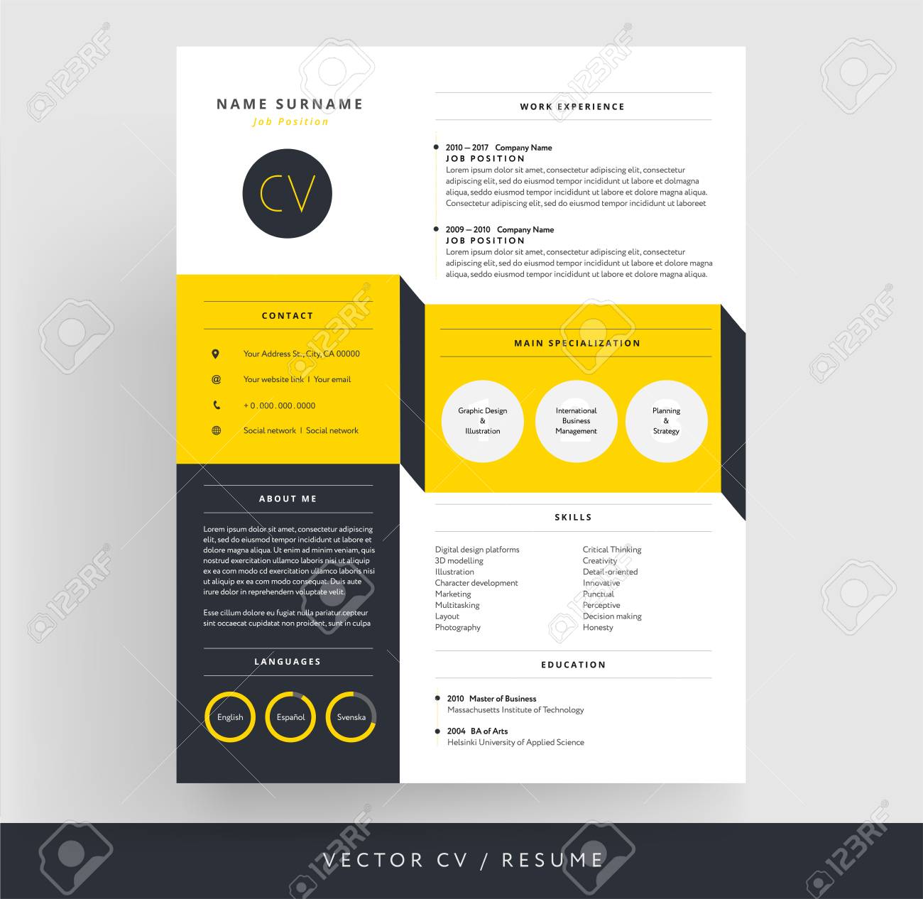 creative cv template yellow and black 3d paper effect royalty free 3d cv template