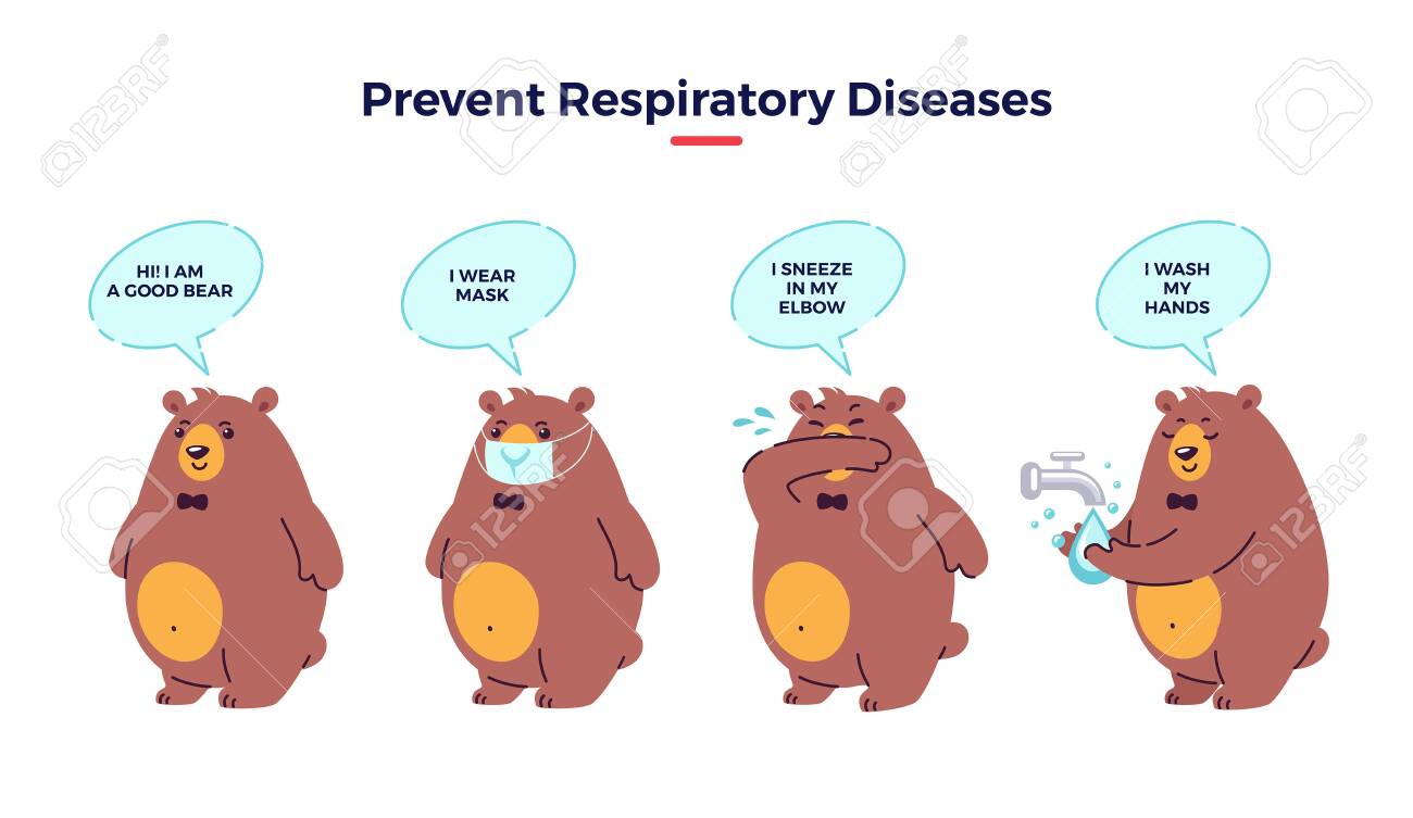 Illustration how prevent respiratory diseases. Correct sneezing and coughing into elbow, washing hands, wearing mask. Virus and infection prevention - flat vector illustration with bear character - 146827614 Illustration how prevent respiratory diseases. Correct sneezing and coughing into elbow, washing hands, wearing mask. Virus and infection prevention - flat vector illustration with bear character - 146827614