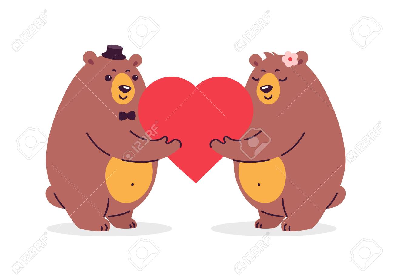 Cartoon illustration of two happy bears in love holding a red heart. Illustration is great for weddings, anniversary celebration, special couple goals event, greeting card design - 147504728 Cartoon illustration of two happy bears in love holding a red heart. Illustration is great for weddings, anniversary celebration, special couple goals event, greeting card design - 147504728
