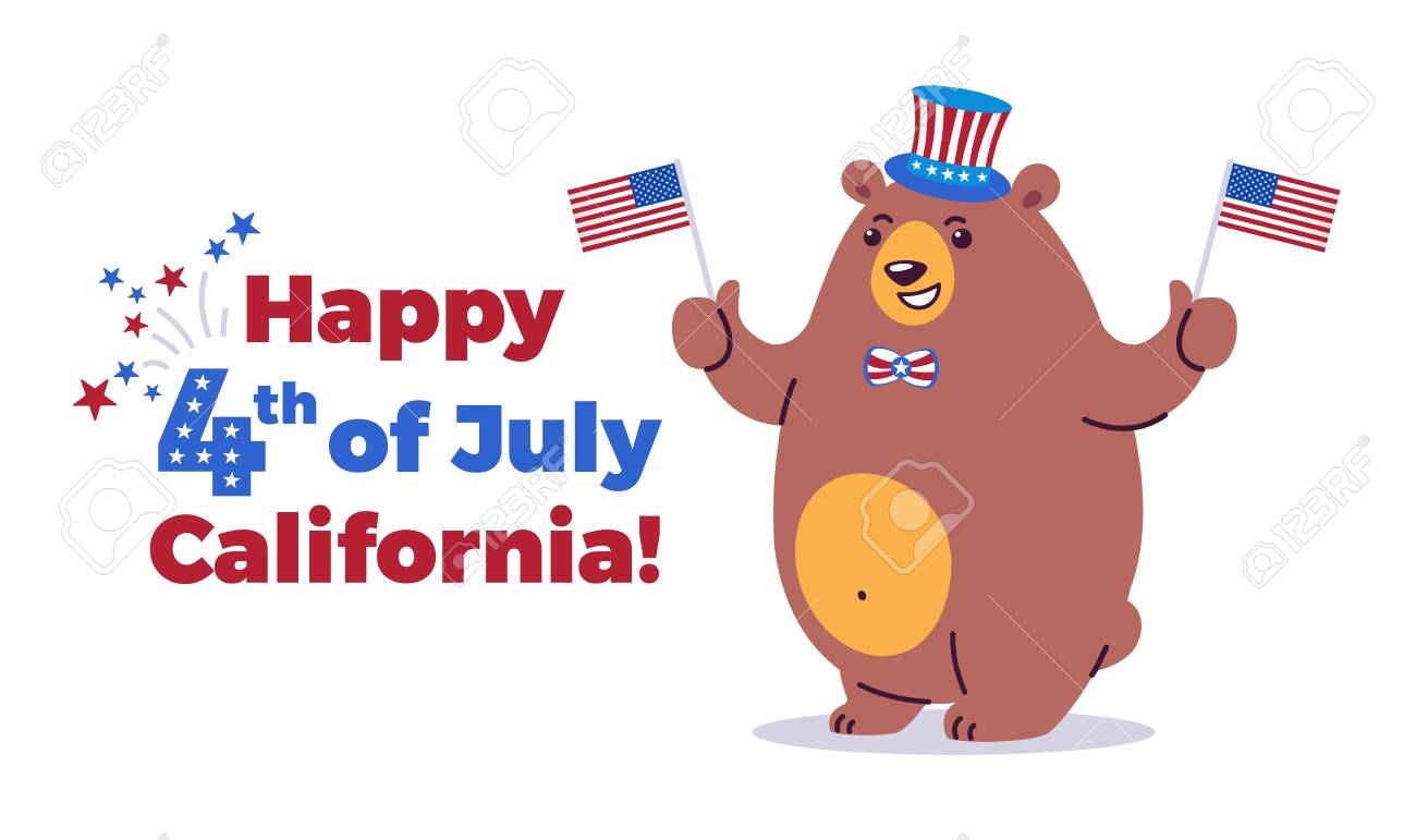 Happy Fourth of July, California background - California state animal grizzly bear in cartoon style ready for holiday - American Independence Day 4th of July vector illustration and typography - 147394905 Happy Fourth of July, California background - California state animal grizzly bear in cartoon style ready for holiday - American Independence Day 4th of July vector illustration and typography - 147394905