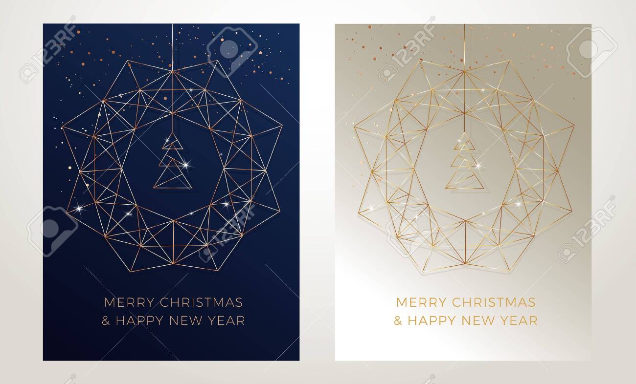 Christmas greeting cards design with stylized christmas wreath, christmas tree and snowflakes decoration. Elegant vector gold line art illustration on golden and dark blue abstract backgrounds - 153451895 Christmas greeting cards design with stylized christmas wreath, christmas tree and snowflakes decoration. Elegant vector gold line art illustration on golden and dark blue abstract backgrounds - 153451895
