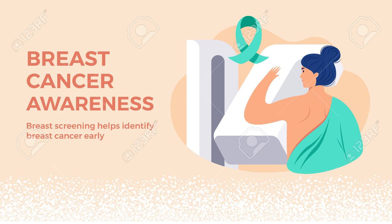 Breast Cancer Awareness month banner. Beautiful young woman with hand raised receives cancer test on hospital screening machine, cancer ribbon. Women vector illustration in flat style - 153451896 Breast Cancer Awareness month banner. Beautiful young woman with hand raised receives cancer test on hospital screening machine, cancer ribbon. Women vector illustration in flat style - 153451896