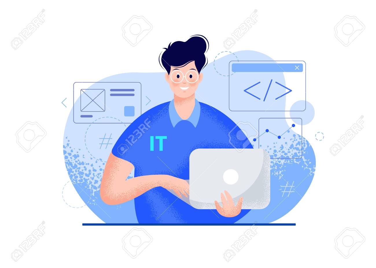 IT guy with a laptop vector modern illustration - blue color. Smiling young man portrait in glasses, a polo t-shirt, holding a computer in hands, coding icons. Tech person character flat illustration - 154657884 IT guy with a laptop vector modern illustration - blue color. Smiling young man portrait in glasses, a polo t-shirt, holding a computer in hands, coding icons. Tech person character flat illustration - 154657884