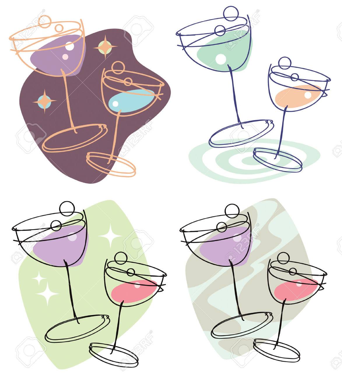 4 スタイリッシュな線画イラスト背景と異なる色の 2 つのワイン グラスのセットします 簡単に編集できます のイラスト素材 ベクタ Image