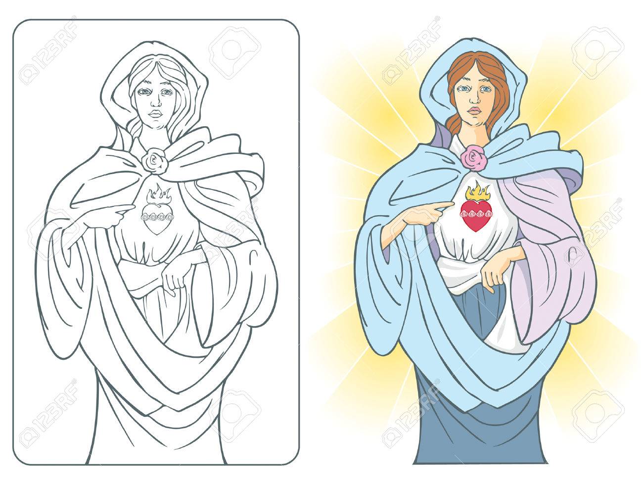 Vector Illustration Of The Virgin Mary With Sacred Heart Of Fire And Roses  Royalty Free SVG, Cliparts, Vectors, and Stock Illustration. Image 5685463., image size:1300x976