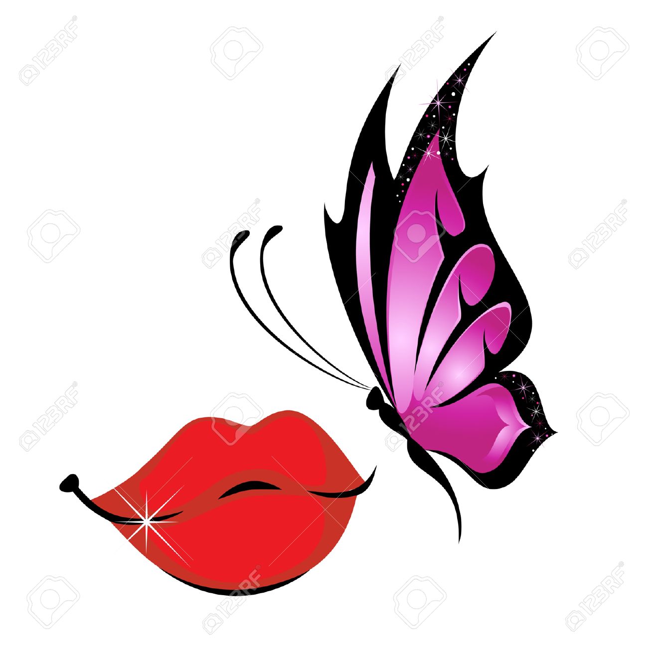 熱帯の蝶の美しい女性唇に座るのイラスト素材 ベクタ Image