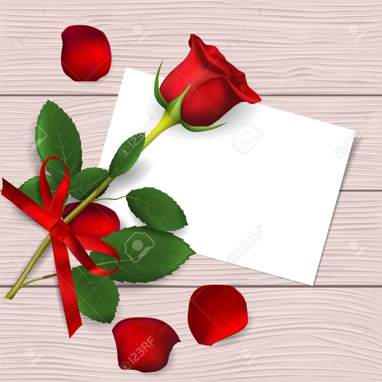 Rose Rouge Et Petales De Roses Sur Fond En Bois Carte De Voeux Pour La Saint Valentin Jour De La Femme Fete Des Meres Anniversaire Vue De Dessus Avec Un Espace Pour