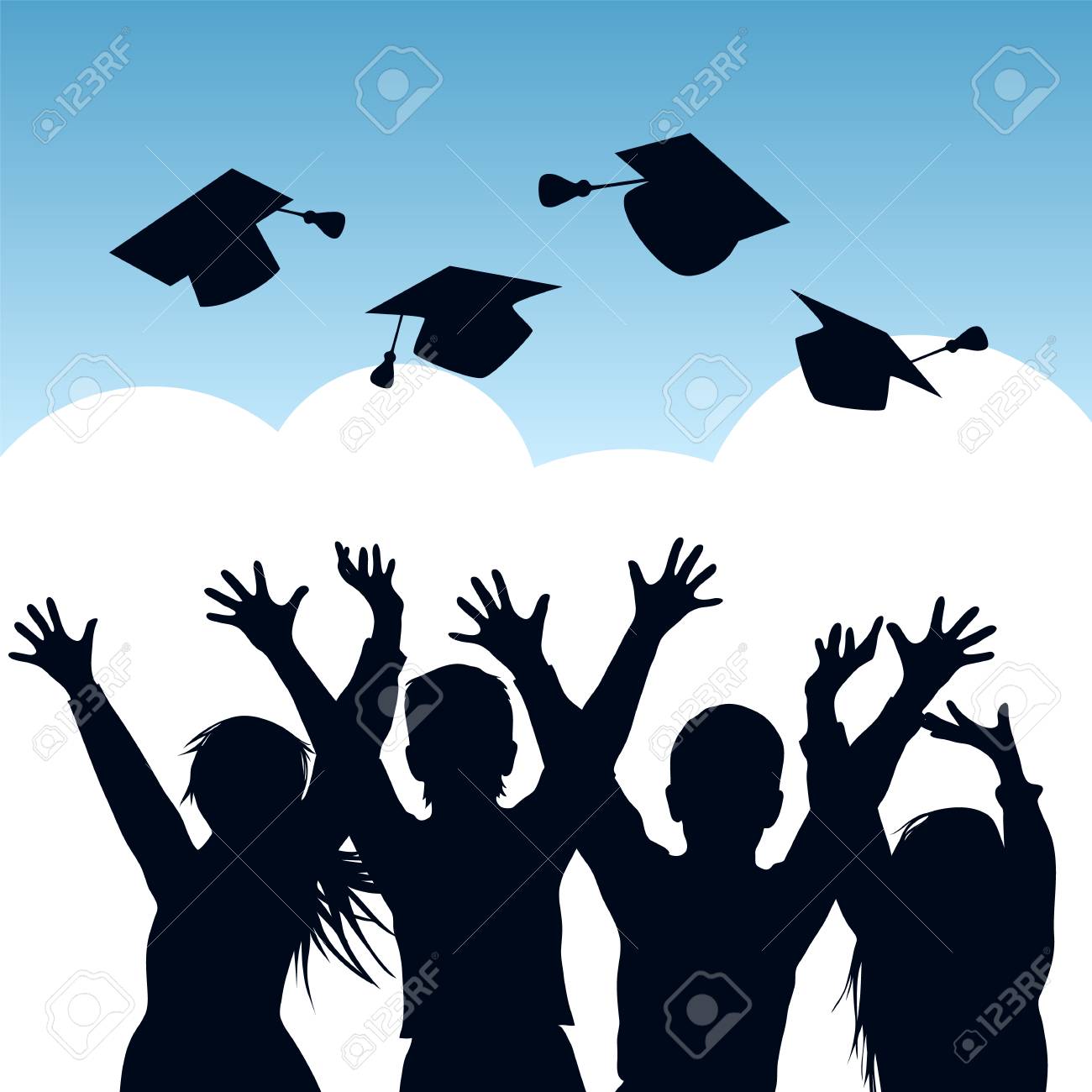 Happy students throwing graduation caps in the air. Silhouettes of graduates. Vector illustration - 100643296 Happy students throwing graduation caps in the air. Silhouettes of graduates. Vector illustration - 100643296