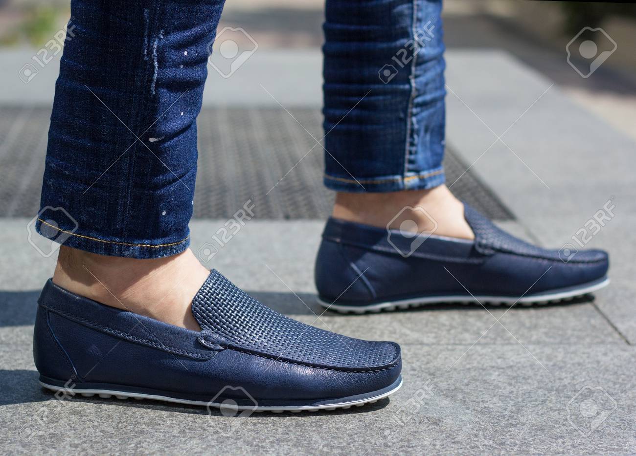 blue leather moccasins