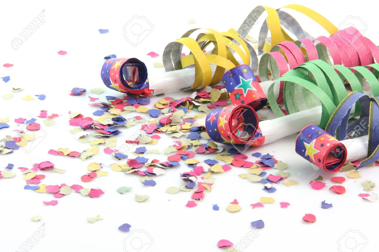 party concepts paper confetti with streamers and four party blowers on white background - 2576317 party concepts paper confetti with streamers and four party blowers on white background - 2576317
