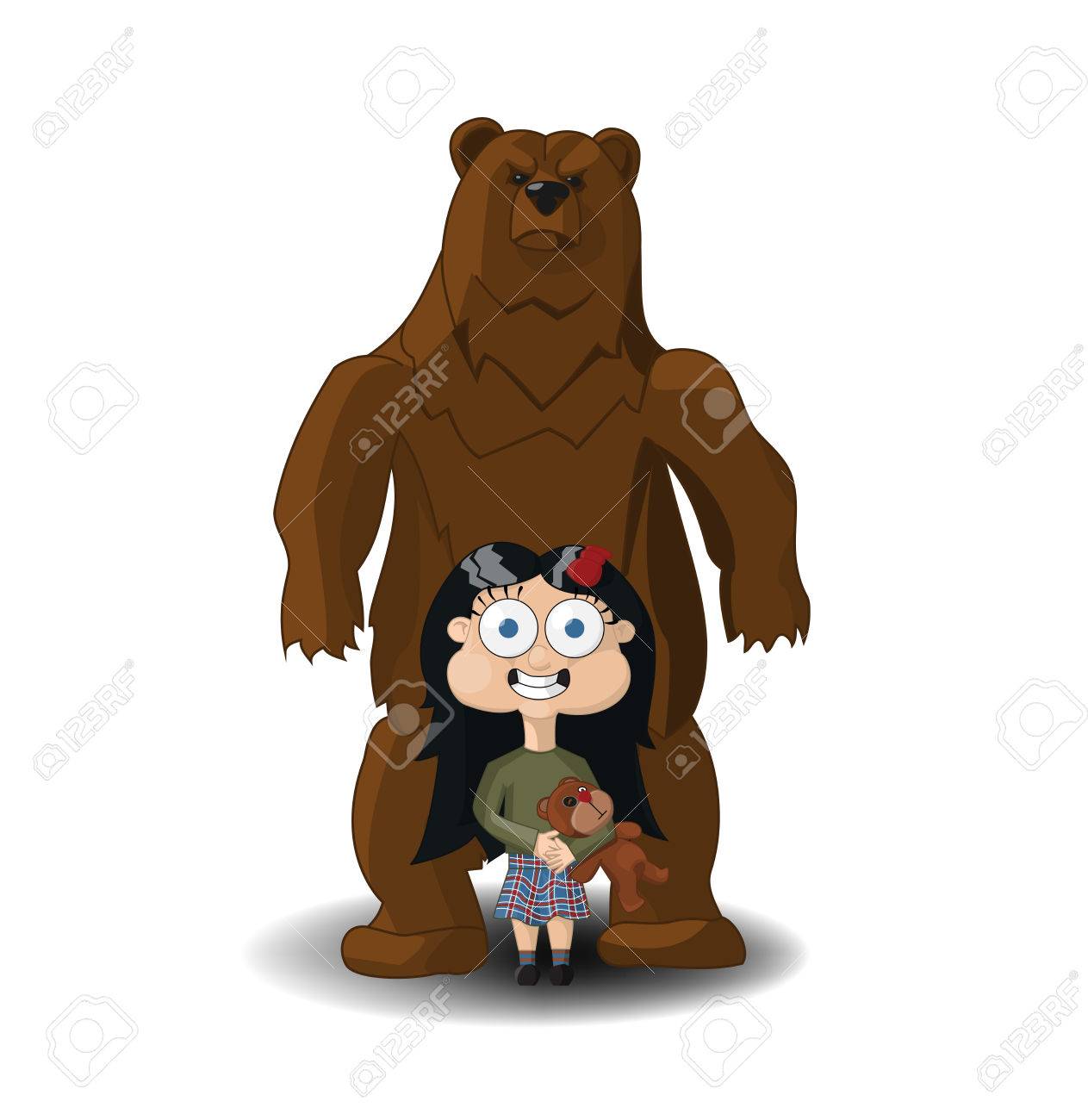 後ろにいる熊のぬいぐるみで女の子は大きいくまです のイラスト素材 ベクタ Image