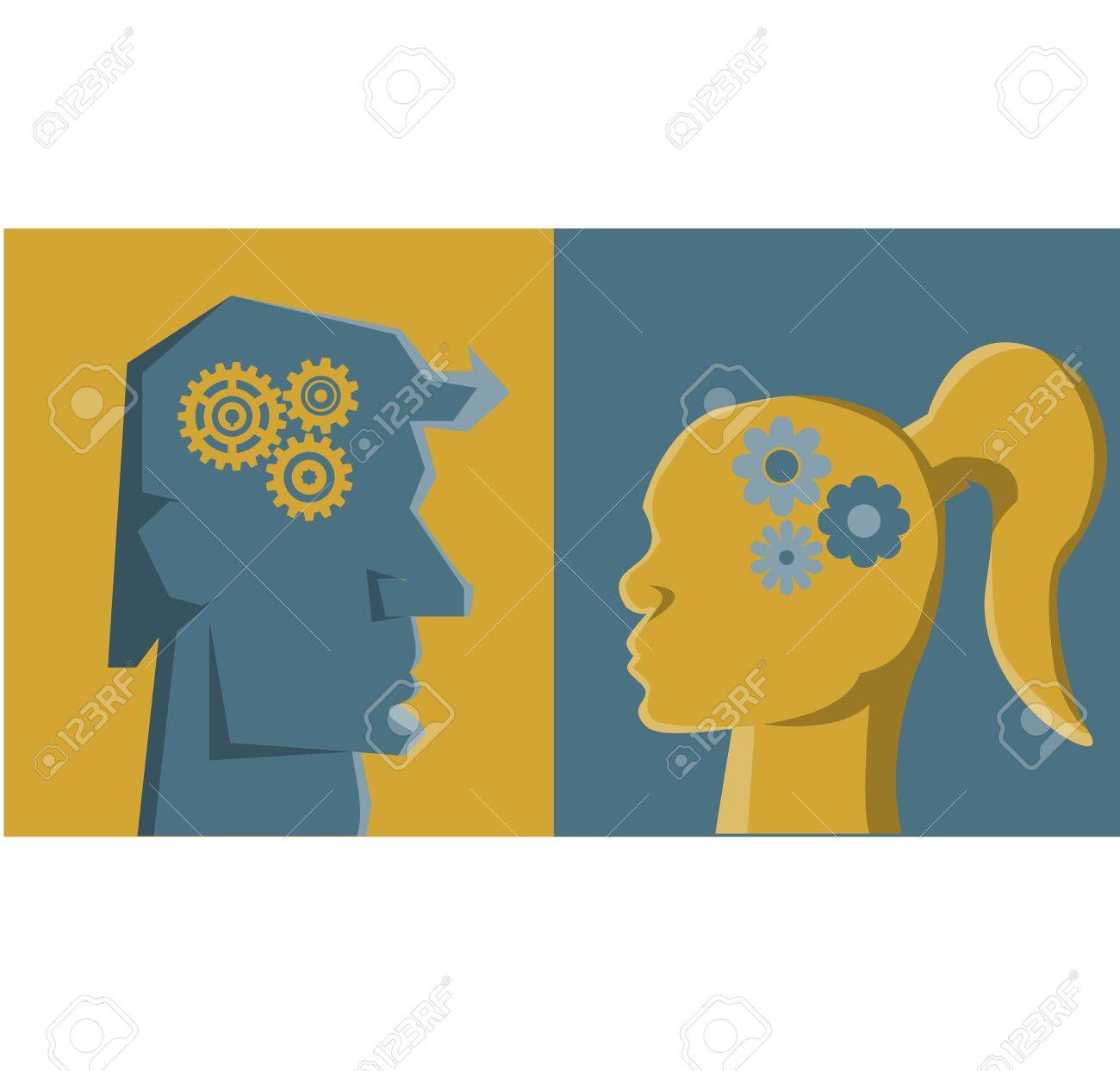 考える男性と女性の心の中の違い 男女の違い 二つのプロファイルと 男性論理思考と創造的な女性の顔します ベクトル図 のイラスト素材 ベクタ Image