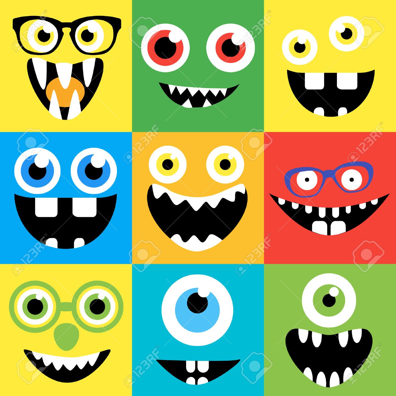 漫画モンスター ベクトル セットに直面しています 笑顔 目 眼鏡 かわいいスクエアのアバターやアイコン のイラスト素材 ベクタ Image