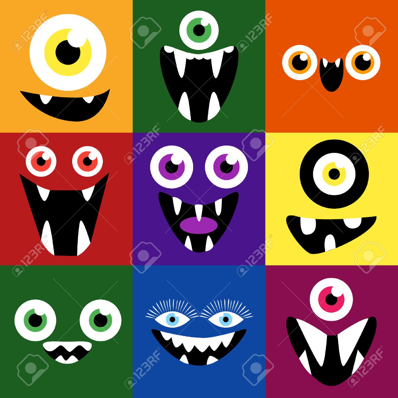 漫画モンスター ベクトル セットに直面しています 笑顔と目 かわいいスクエアのアバターやアイコン のイラスト素材 ベクタ Image