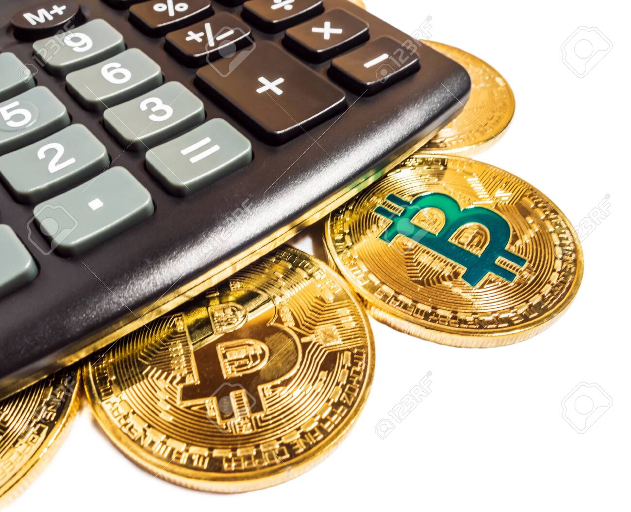 Black Electronic Calculator Gold Bitcoin Coin Business Concept Isolated On  White Background 로열티 무료 사진, 그림, 이미지 그리고 스톡포토그래피. Image 131428127