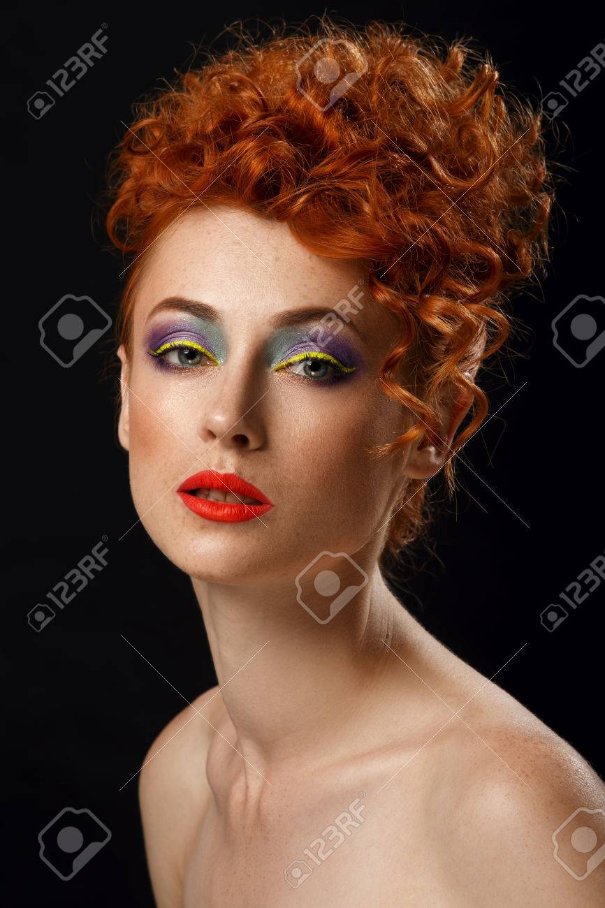 Red Haired Beautiful Girl With Bright Fashion Makeup Ginger