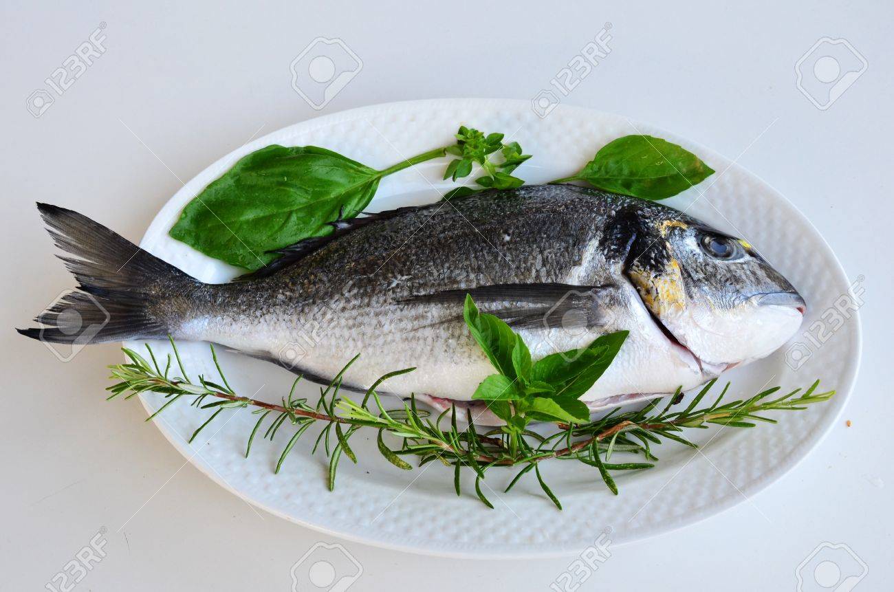 キッチン 緑のバジルとローズマリー白磁楕円皿の上の鯛の新鮮な魚は バーベキューの準備ができてください の写真素材 画像素材 Image