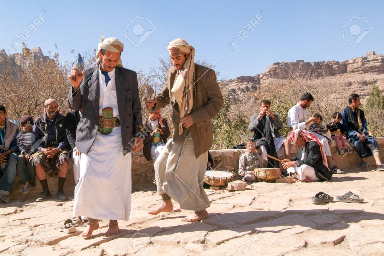 Wadi Dhahr Yemen 4 January 2008 Two Men Dancing The