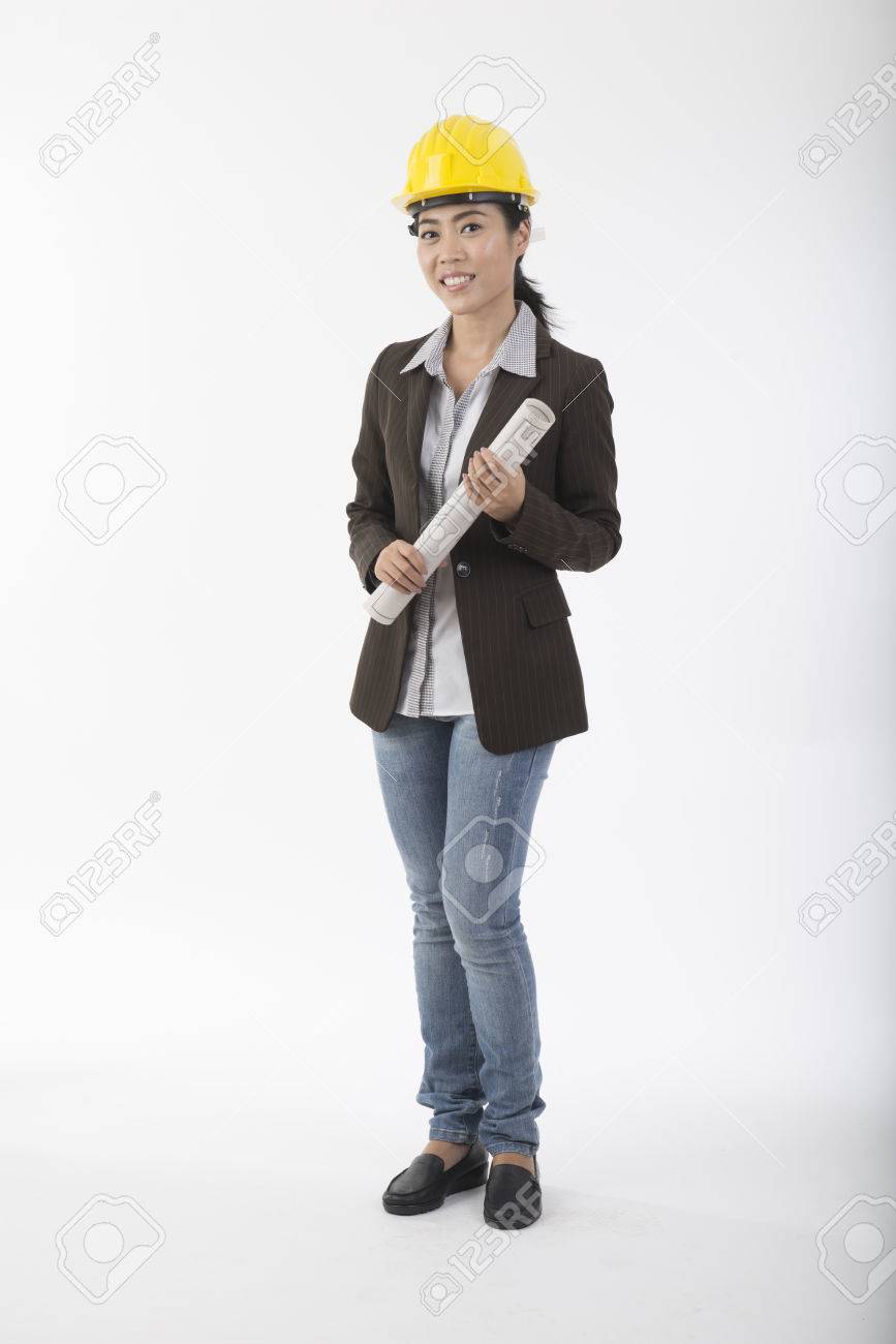 pretty woman construction worker with hard hat stock photo picture