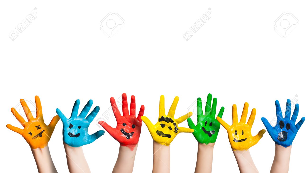 painted hands of children with smileys stock photo picture and