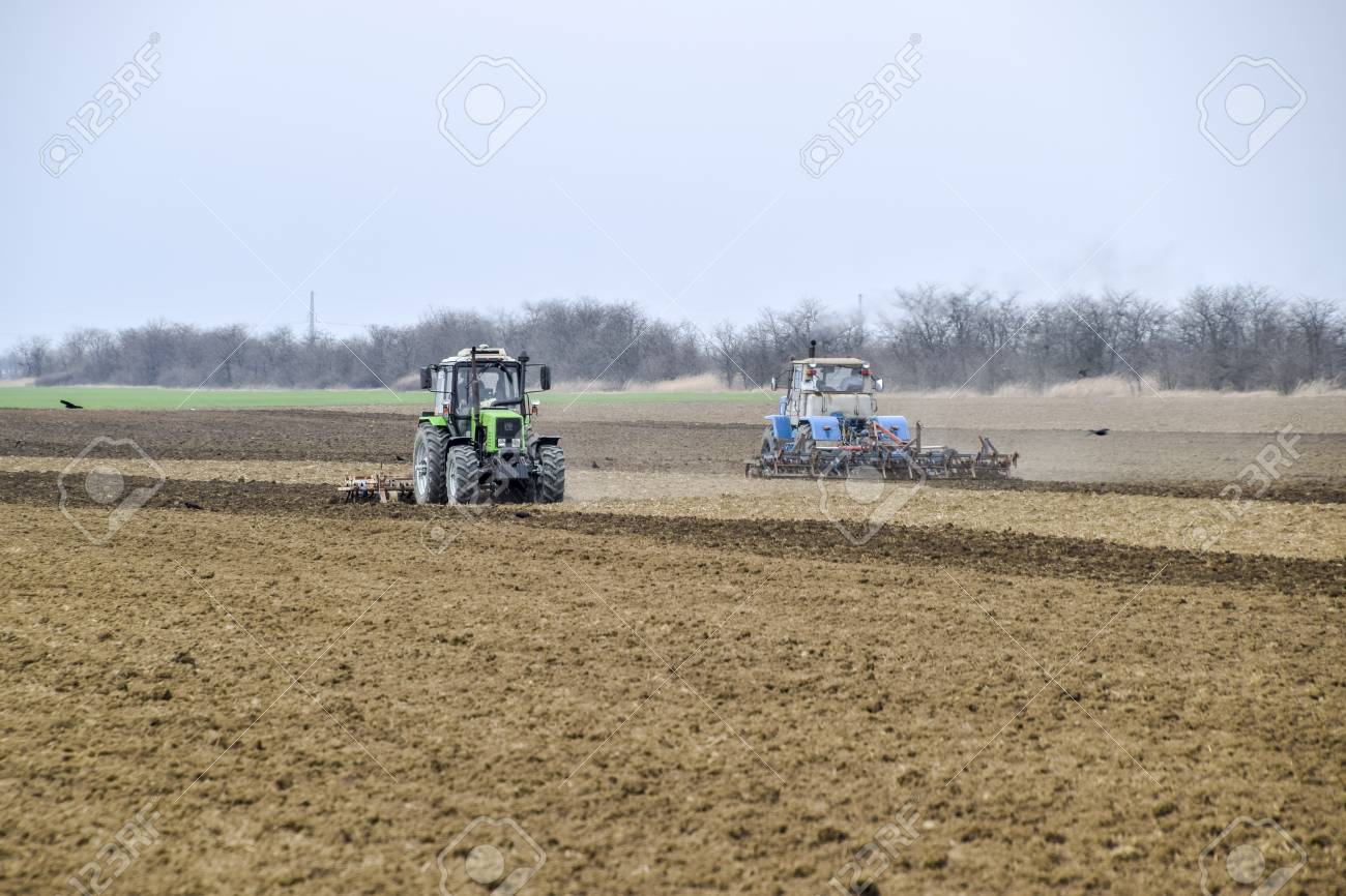 緑豊かで 播種する前にフィールド上の土壌を緩めます トラクターは耕しで畑を耕す の写真素材 画像素材 Image