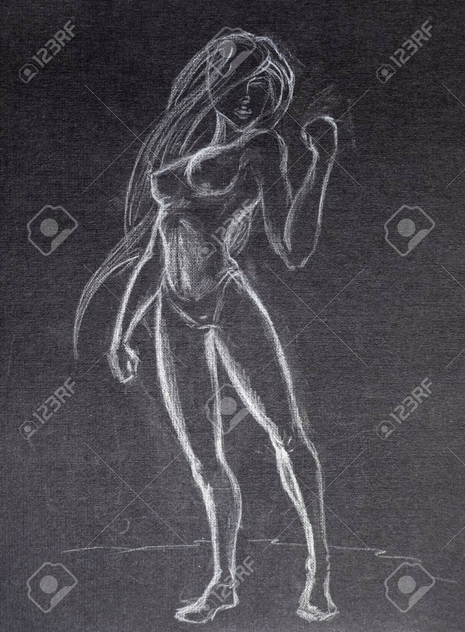 Drawing white pencil on black paper naked girl in a bikini with