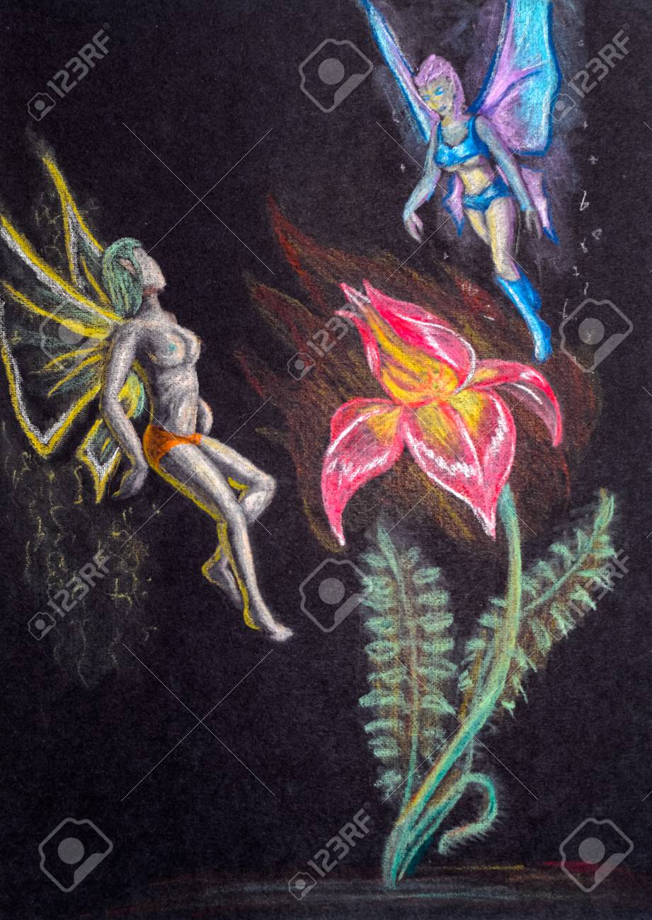 Fairy-tale Elves With Wings Fly Around The Flower. Beautiful Women Elves  With Big Tits, Fly Bulging Breasts. The Large Size Of The Mammary Glands In  Fabulous Elves. Stock Photo, Picture and Royalty