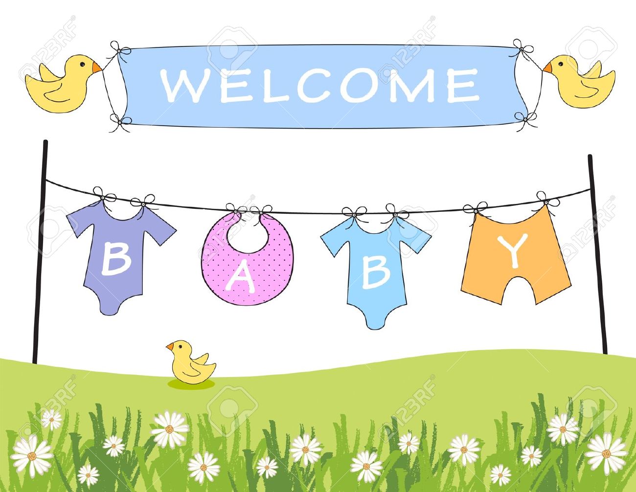 baby arrival announcement with clothes line and birds holding