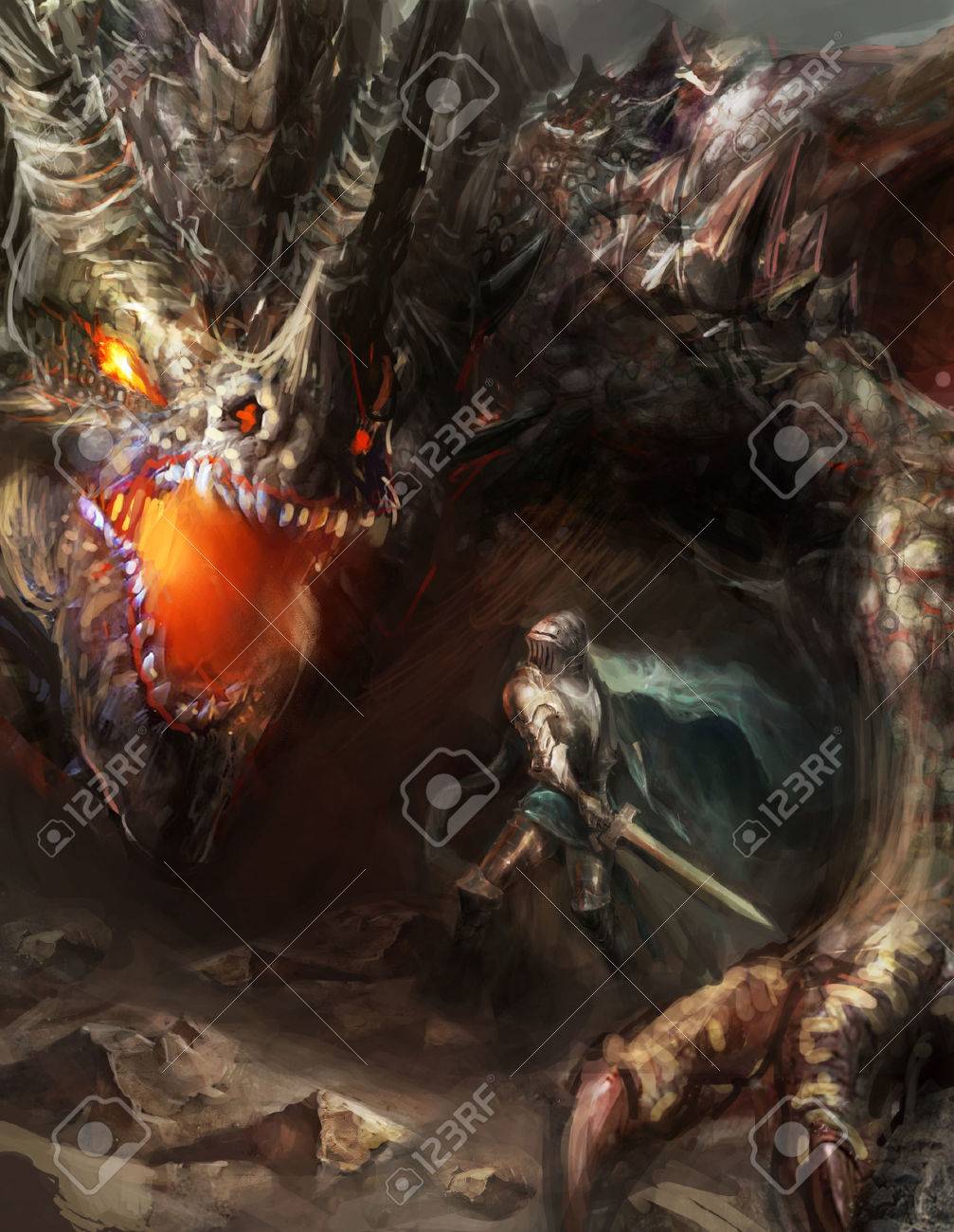 fantasy scene knight fighting dragon