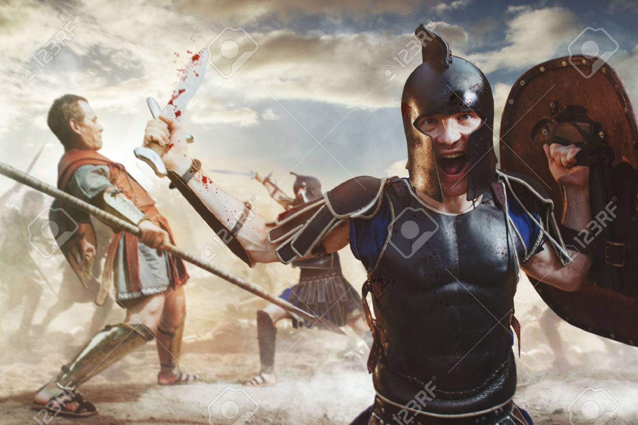 ancient greek warrior fighting in the combat stock photo picture