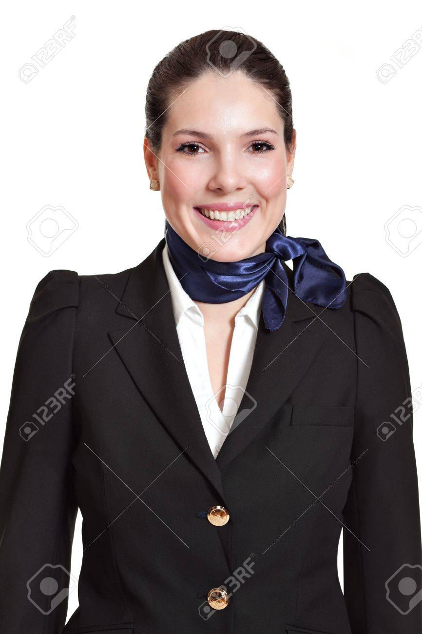 白の背景に分離した笑みを浮かべて 自然化粧青のスカーフと黒のスーツに身を包んだ美しい暗い髪の若いビジネスの女性の肖像画 の写真素材 画像素材 Image