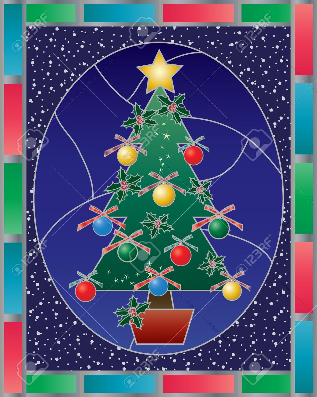 An Illustration Of An Abstract Stained Glass Christmas Window With Christmas Tree And Decorations Snow And Red Blue And Green Border Royalty Free Cliparts Vectors And Stock Illustration Image