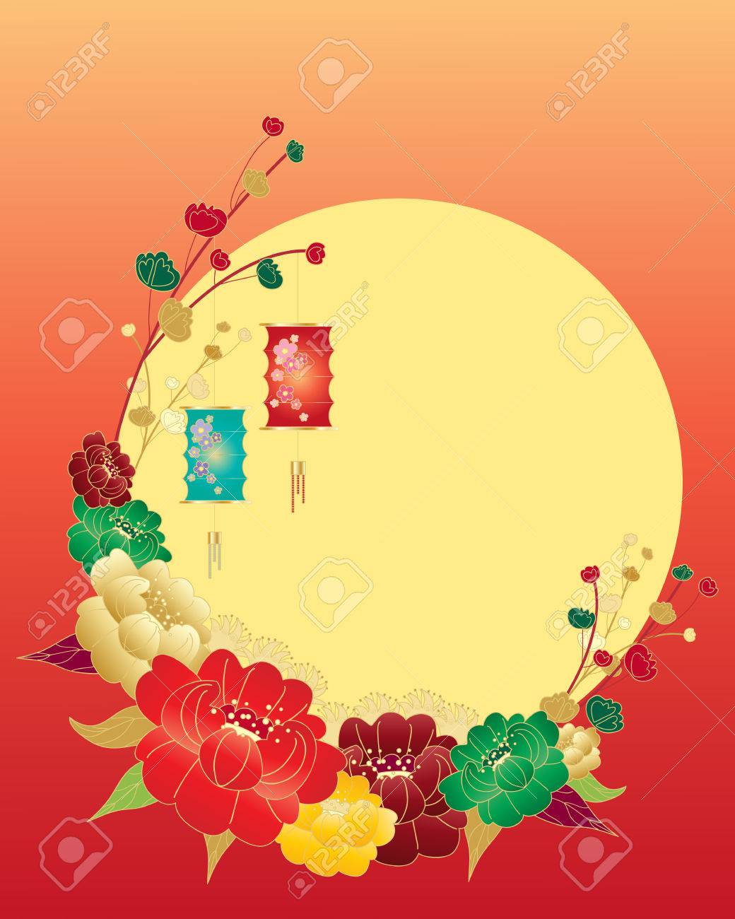 トリムの黄金の花やテキスト用のスペースで 夕日を背景に黄色の太陽と中国の牡丹デザインのイラストのイラスト素材 ベクタ Image