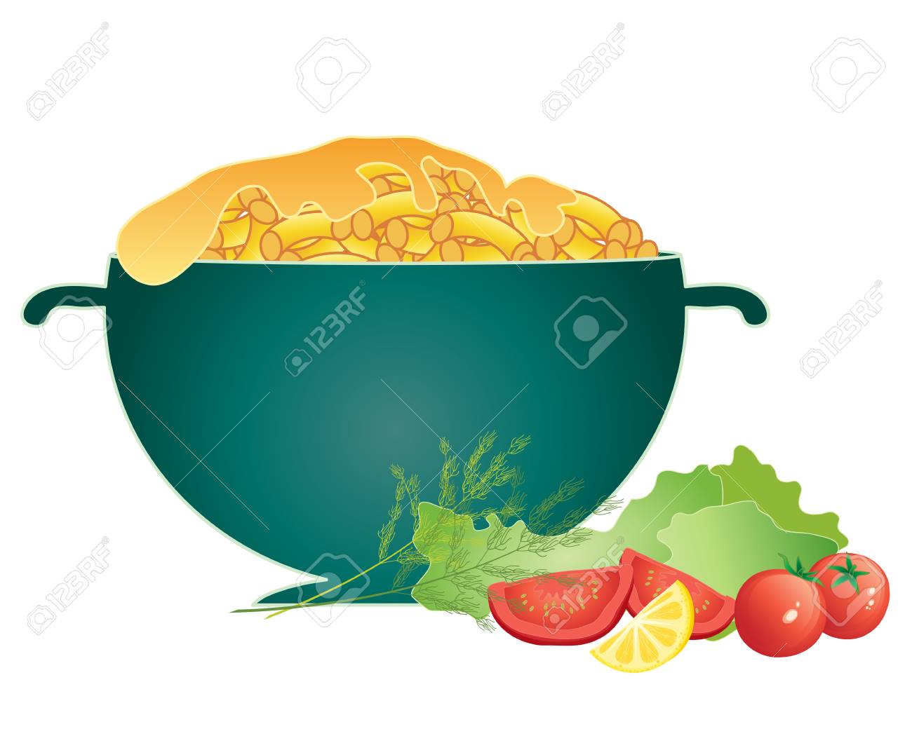 伝統的なマカロニの大きなボウルのイラスト チーズ白い背景のポンカリー 新鮮なサラダの付け合わせ のイラスト素材 ベクタ Image