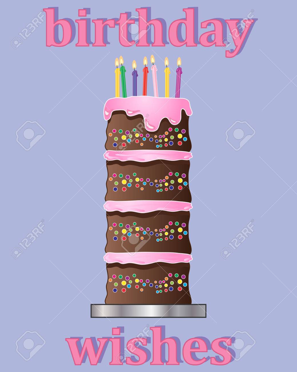 Une Illustration D Une Conception D Anniversaire De Carte De Voeux Avec Plusieurs Couches Gateau Au Chocolat Decore Avec Glacage Rose Et Des Bougies Colorees Clip Art Libres De Droits Vecteurs Et Illustration