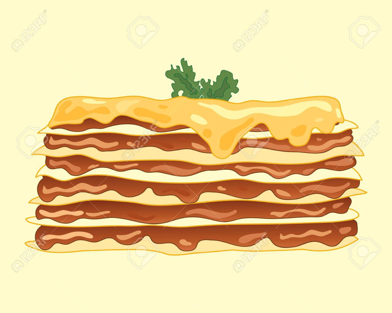 ゴールデン パスタの層と自家製のラザニア食事のイラスト ミンチ牛肉と淡い背景に付け合わせにトッピング チーズ のイラスト素材 ベクタ Image