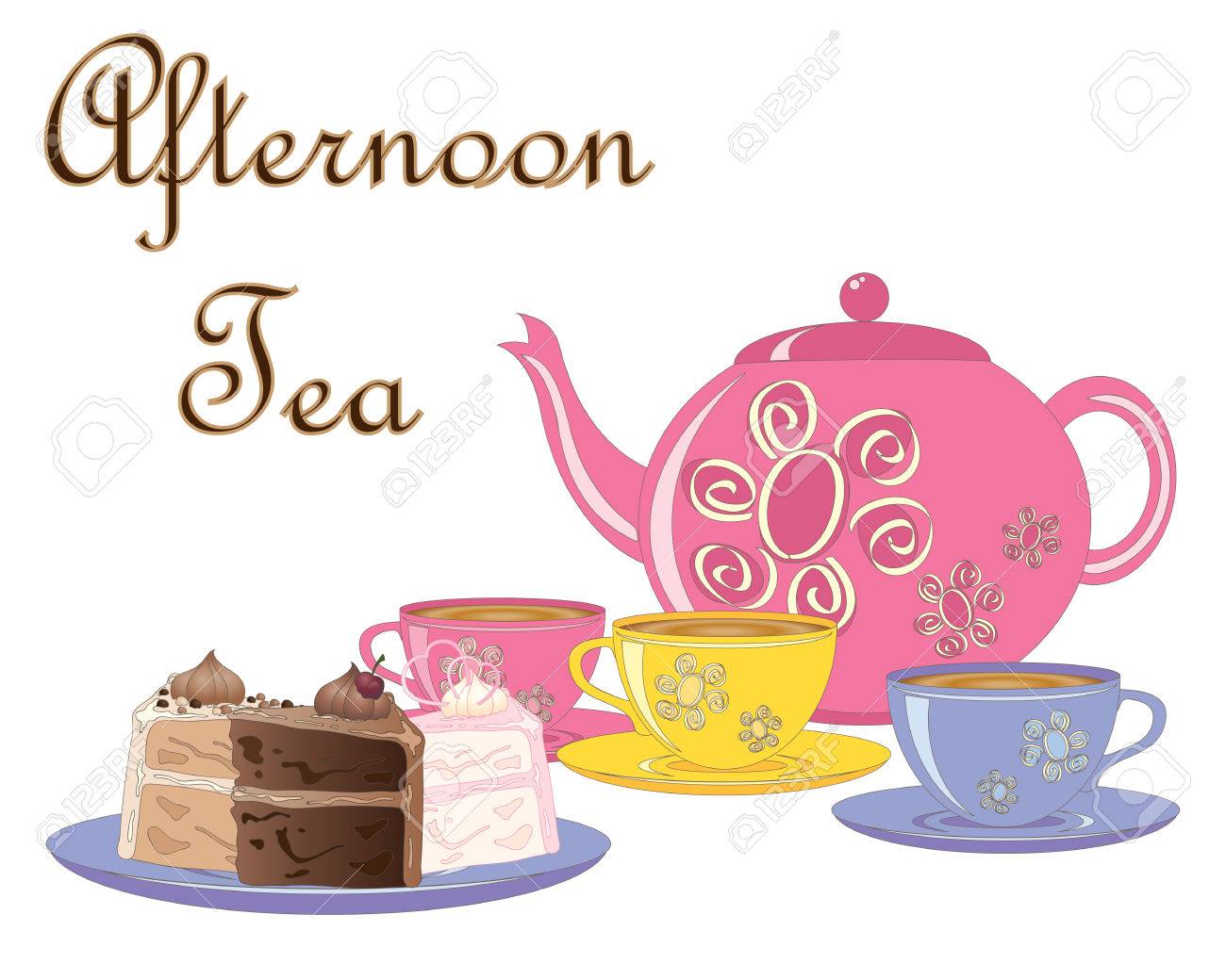 An Illustration Of A Selection Of Fancy Cakes Teapot And Tea Cups For An Afternoon Tea On A White Background Royalty Free Cliparts Vectors And Stock Illustration Image