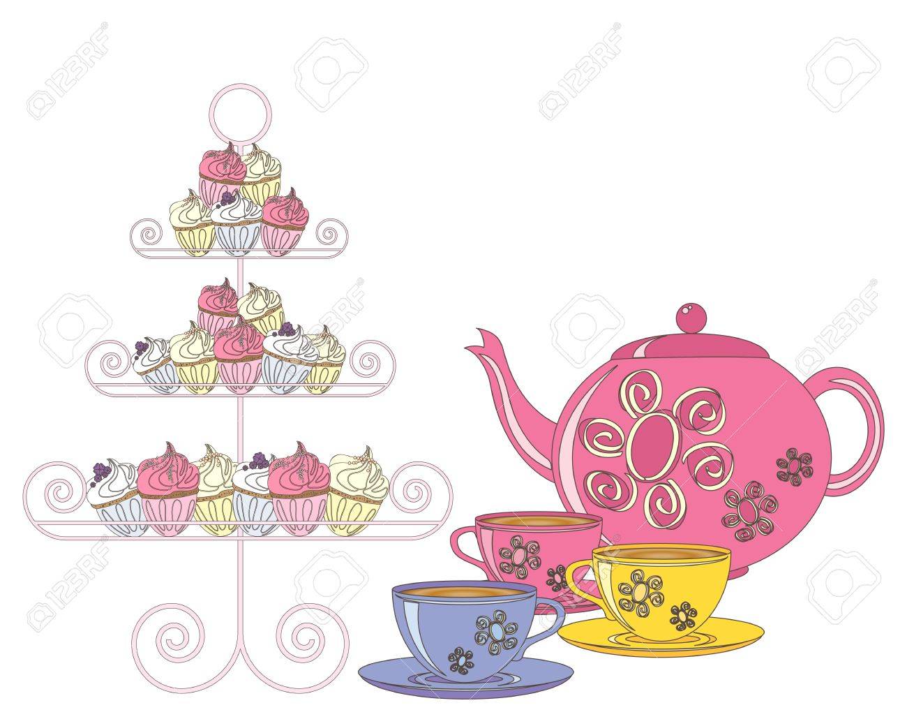 選択した白地にアフタヌーン ティーのケーキ ティーポットと紅茶カップのイラスト のイラスト素材 ベクタ Image