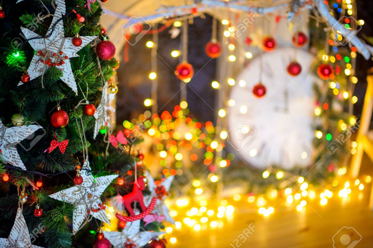 Christmas Decoration On Abstract Background The Decorated Tree Bright Garlands And Jewelry Christmas Decoration On Abstract Background The Decorated Tree Bright Garlands And Jewelry