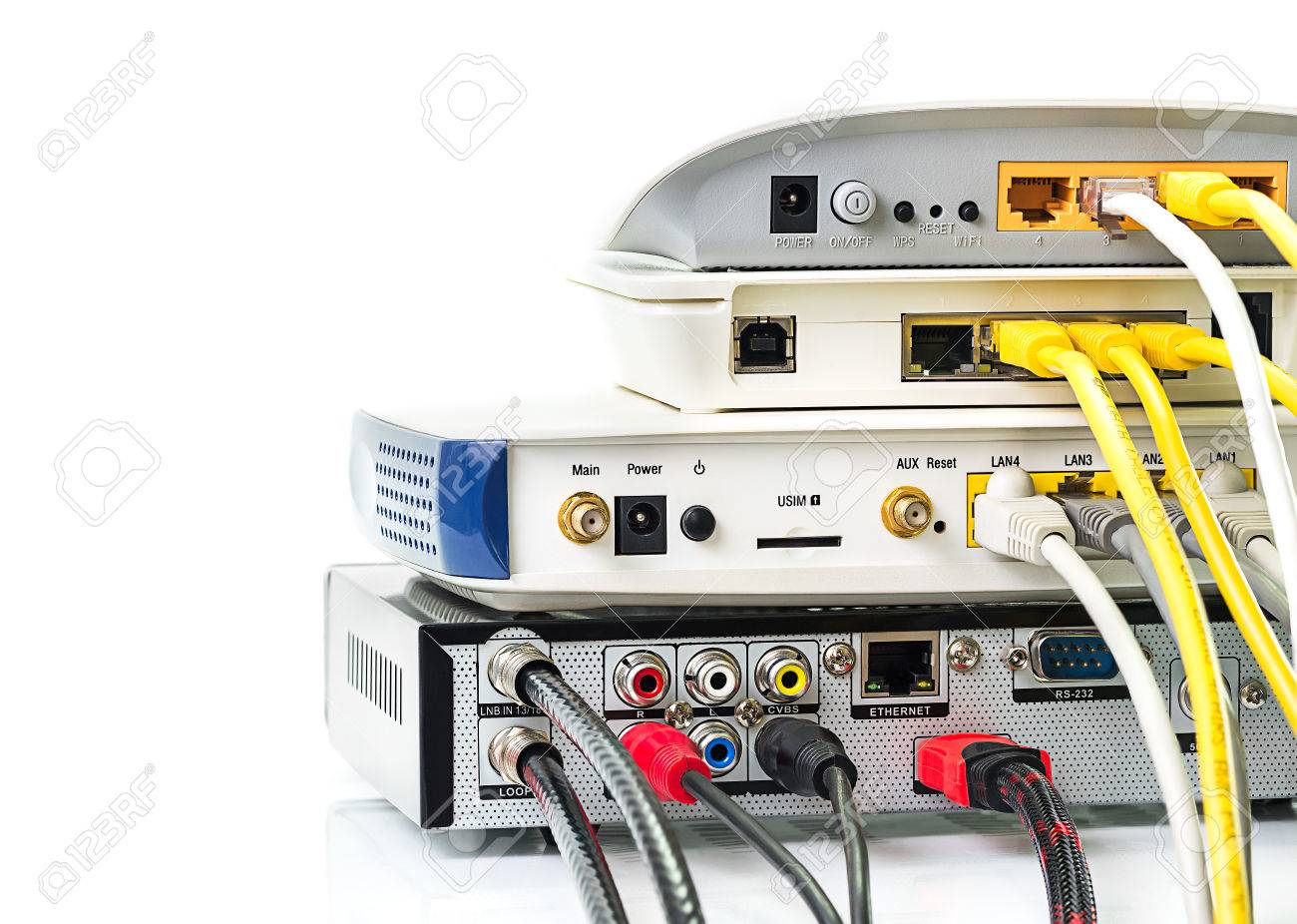Modem router network hub with cable connecting Stock Photo - 32048363