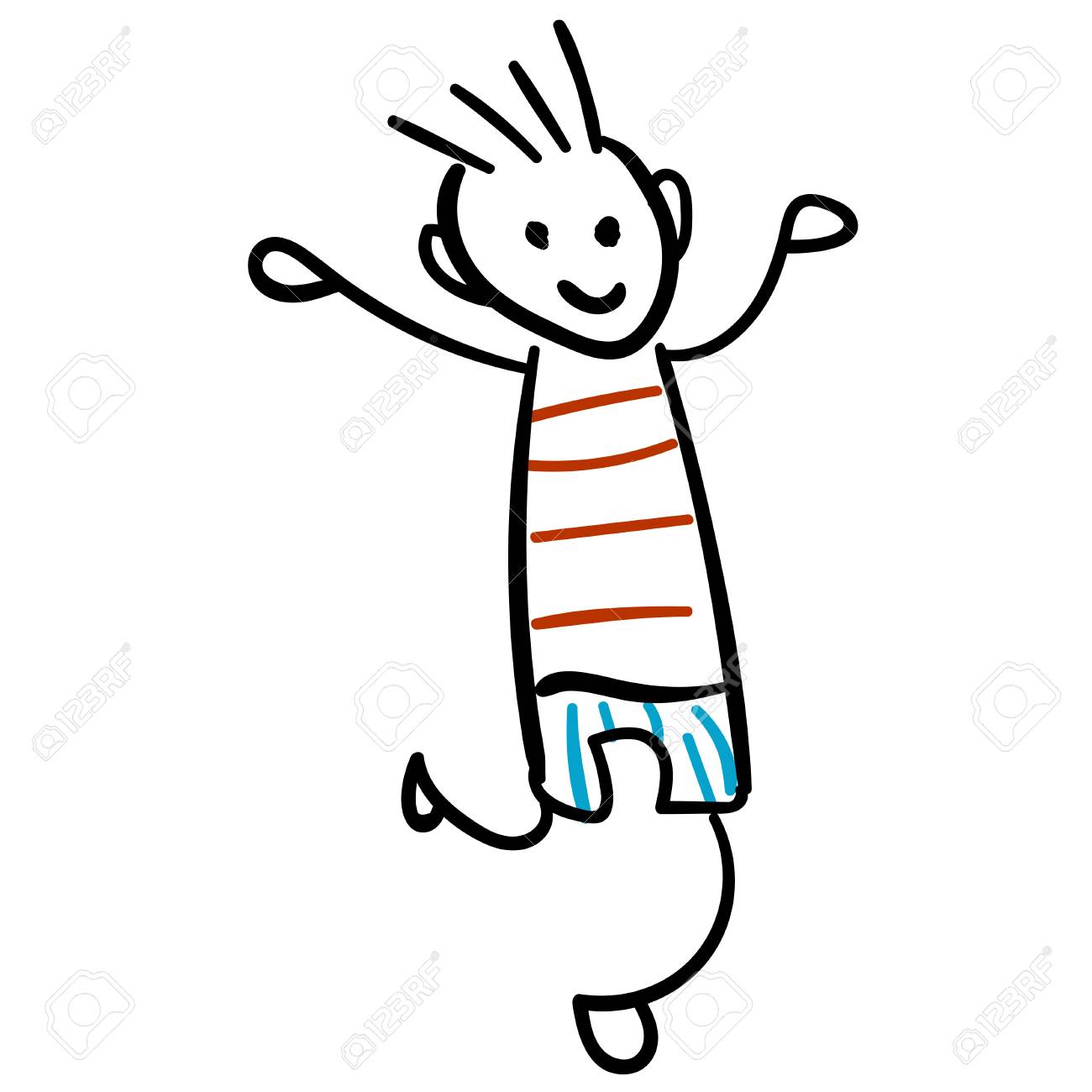 Boy In Shorts And A T Shirt Is Jumping Style Of Childrens Drawing