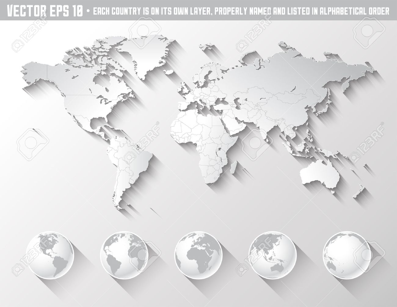 an high quality world map in tones of grey with a cool flat shaded shadow