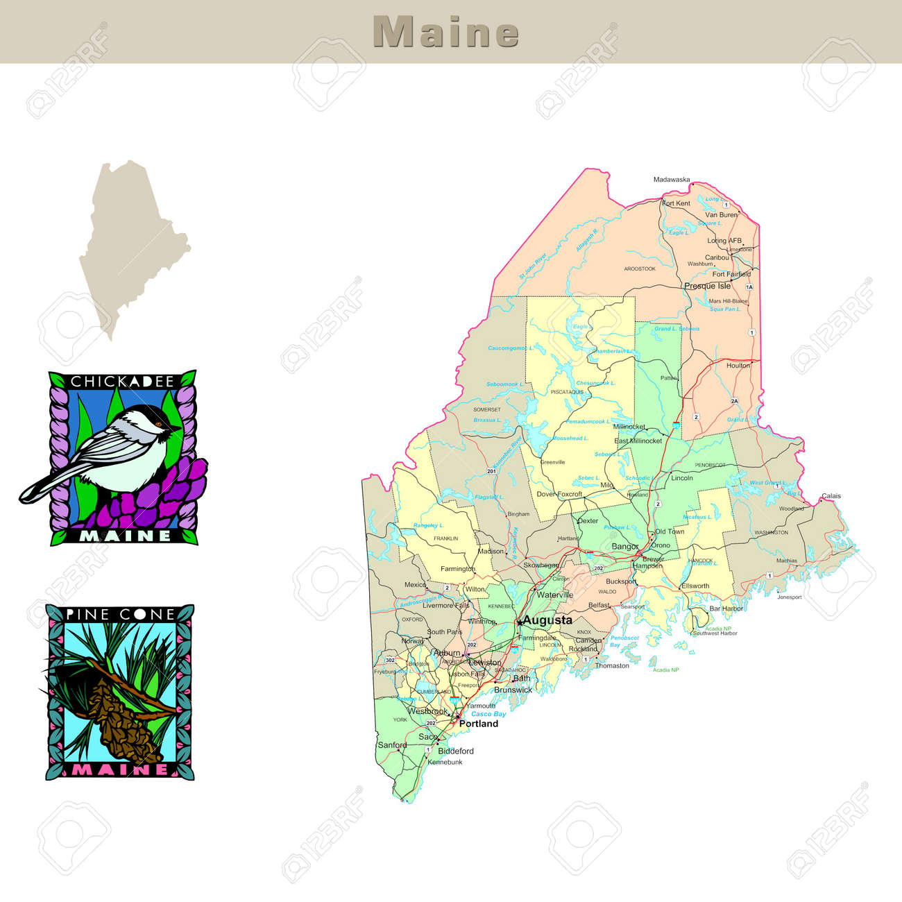 usa-states-series-maine-political-map-with-counties-roads-state-s-contour-bird-and-flower-stock-photo-picture-and-royalty-free-image-image-1565608