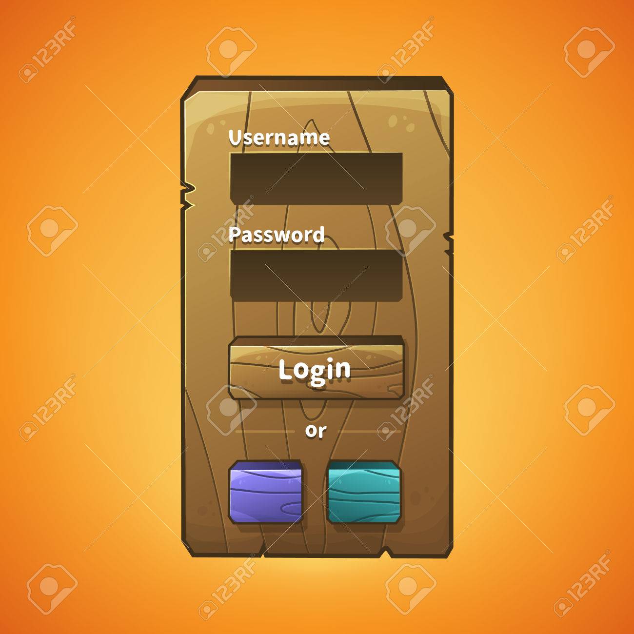 2 D のビデオゲームのためのグラフィカル ユーザー インターフェイス Ui Gui をベクトルします 木製メニューのパネル メニュー用のボタン ソーシャル ネットワーク ログイン オプションのイラスト素材 ベクタ Image