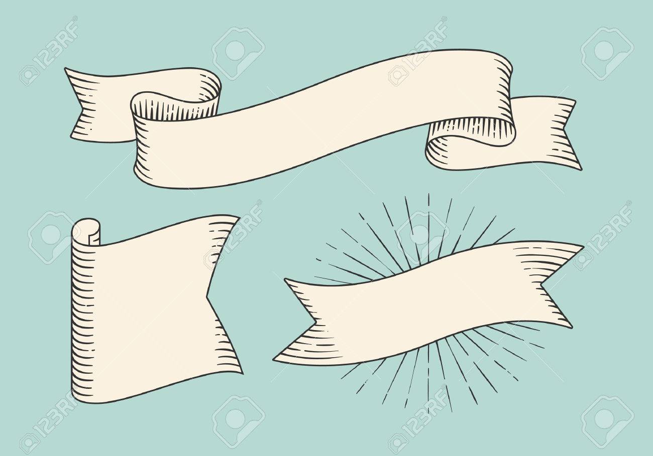 Set of old vintage ribbon banners in engraving style. Hand drawn design element. Vector illustration - 51305227 Set of old vintage ribbon banners in engraving style. Hand drawn design element. Vector illustration - 51305227