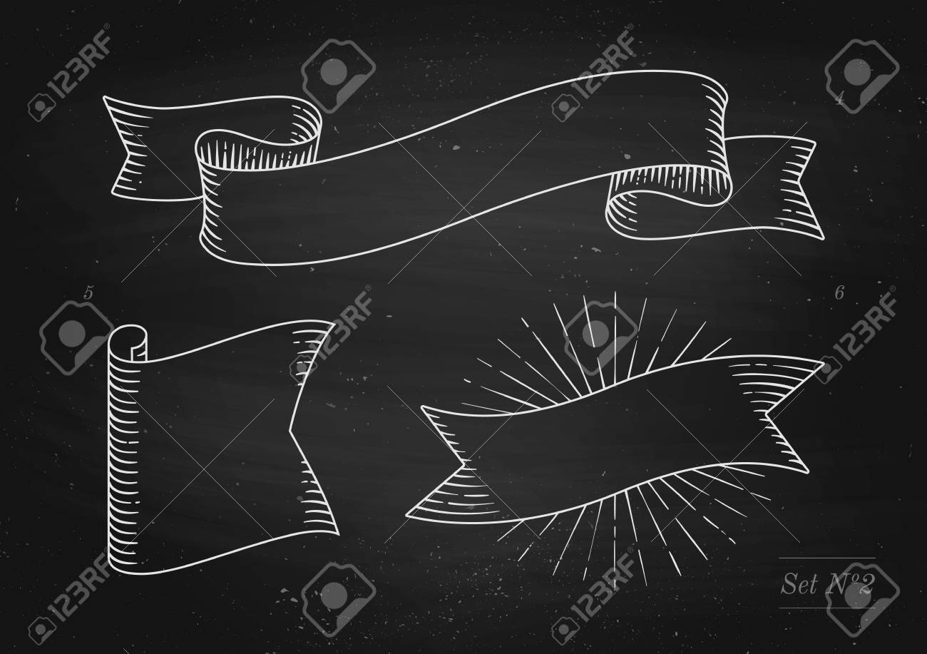 set of old vintage ribbon banners in engraving style on a black black chalkboard background for design